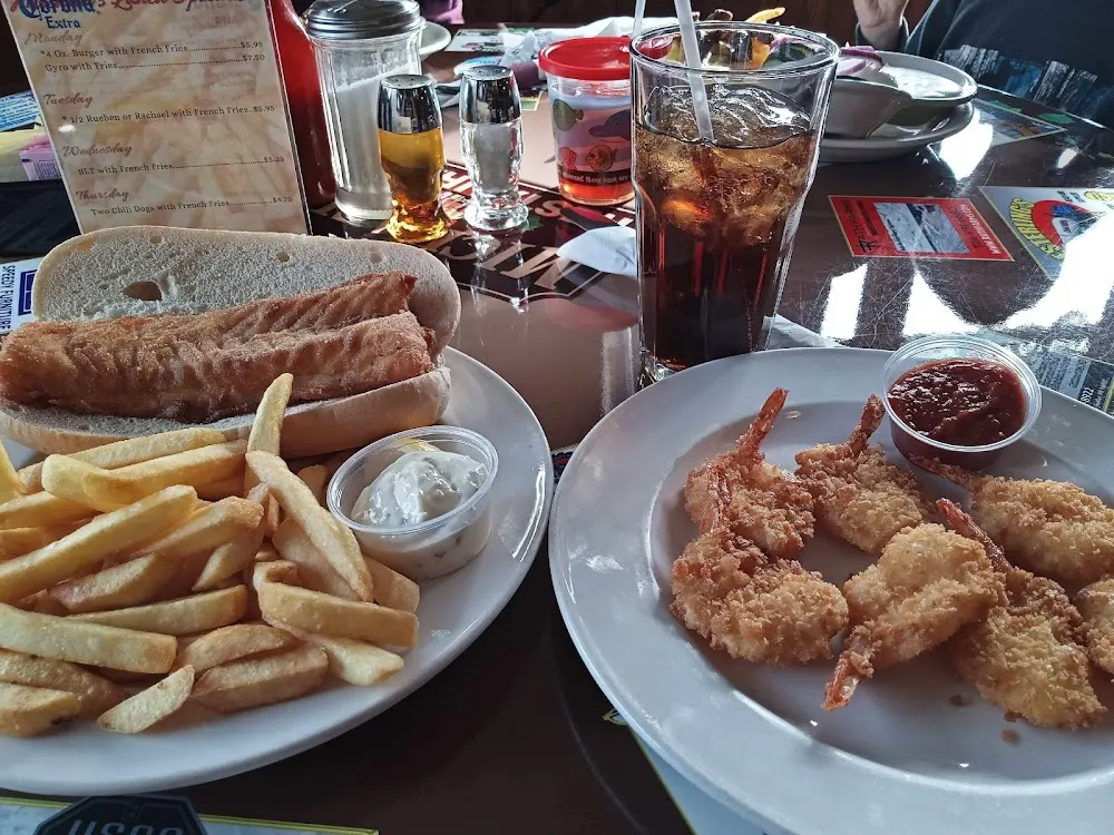Fried Cod Sandwich with Fries and Fried Shrimp